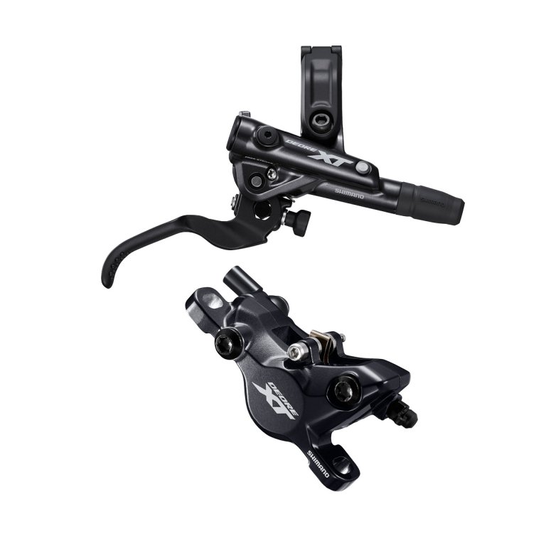 בלם דיסק מורכב Shimano 8100 XT ימין אחורי (קליפר, ידית, רפידות רזין, ללא צלעות קירור, צינור)